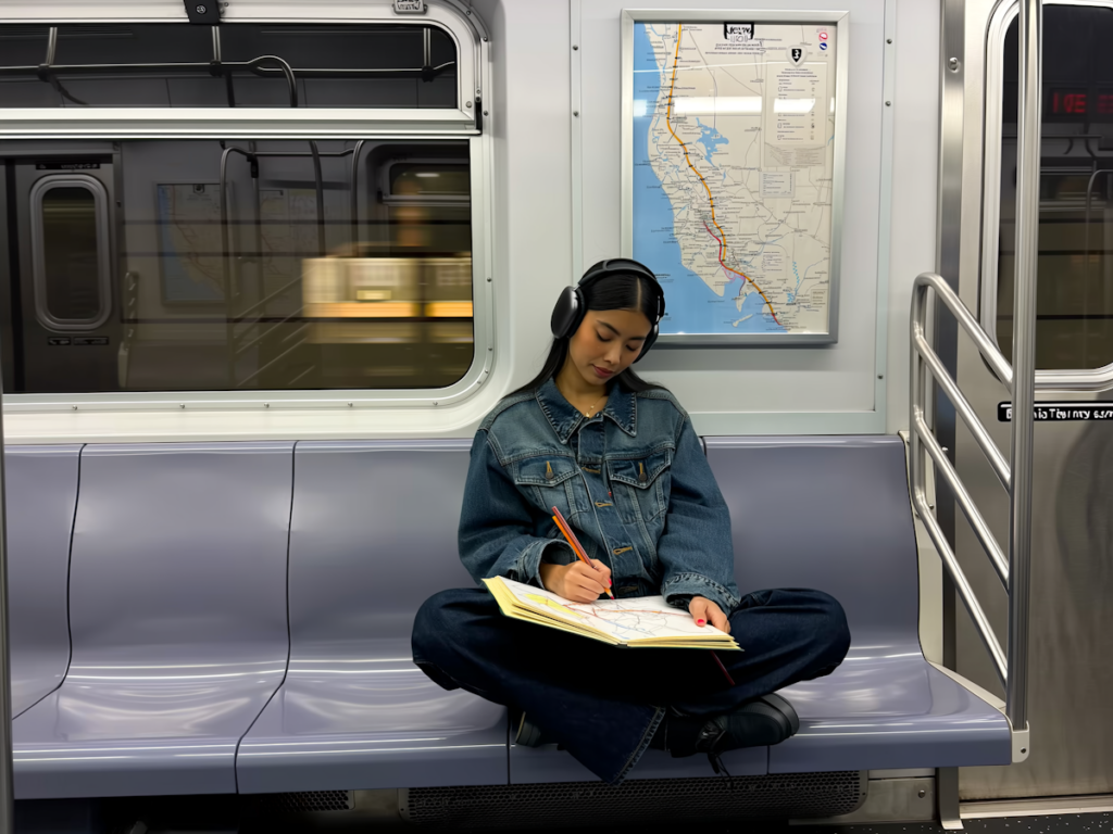 בחורה יושבת ברכבת וכותבת